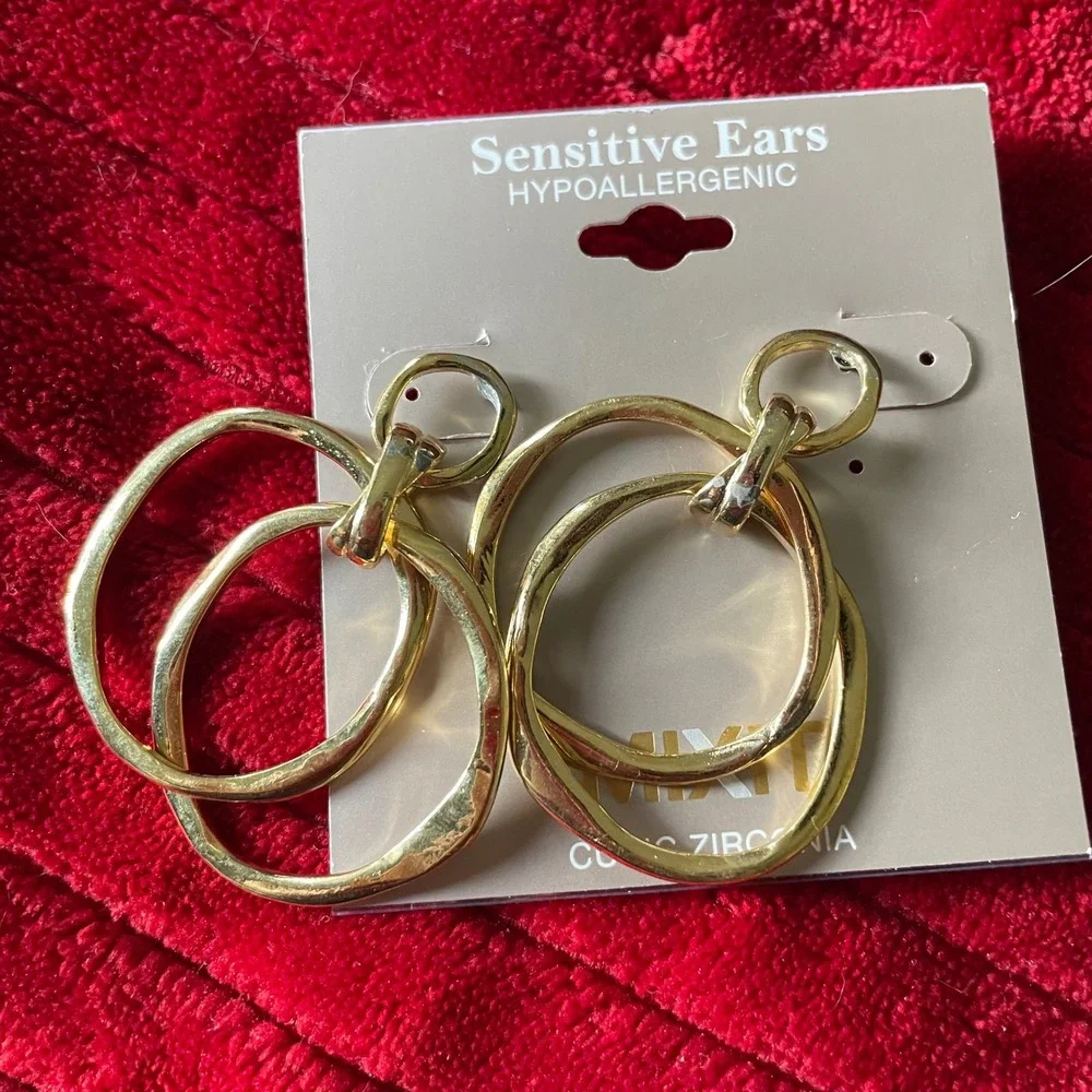 Mixit Gold Tone Double Hoop Drop Earrings Hypoallergenic‎ Sensitive Ears NEW